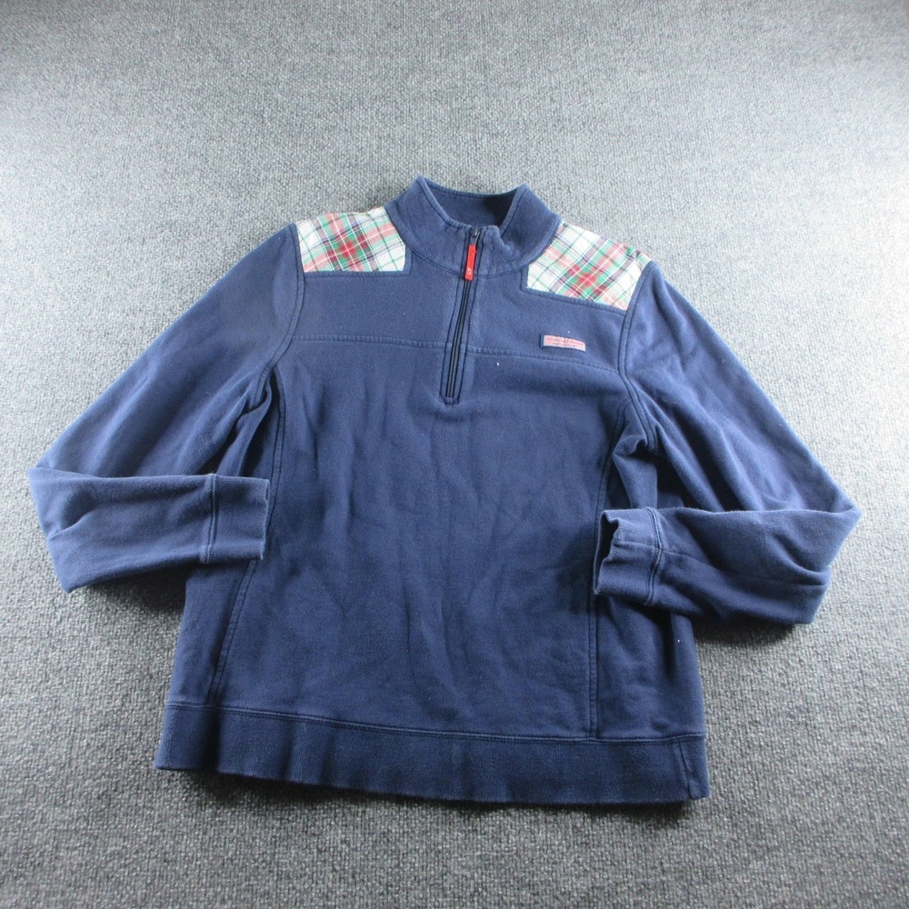Vineyard Vines Sweatshirt Womens L Blue 1/4 Zip Plaid Mock Neck Cotton Pullover